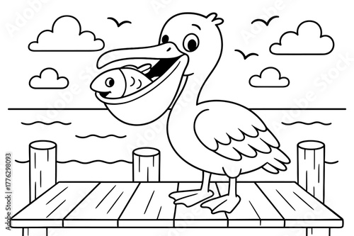 Pelican Pier Coloring. Pelican fishing children?s coloring book illustration, outlined drawing, a smiling pelican standing on a pier with a fish in its beak