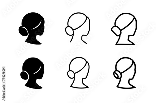 Low Chignon Logo Variations. Hairstyle step-by-step guide poster. Set Logo of hairstyle step-by-step guide poster: low chignon updo stages. Icon set.
