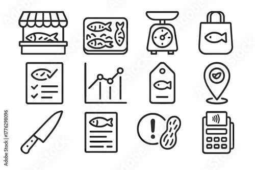 Fish Market Icons. Fish Markets and Consumers. Line icon set of Fish Markets and Consumers: market stall, iced fish display, weighing scale, reusable bag,