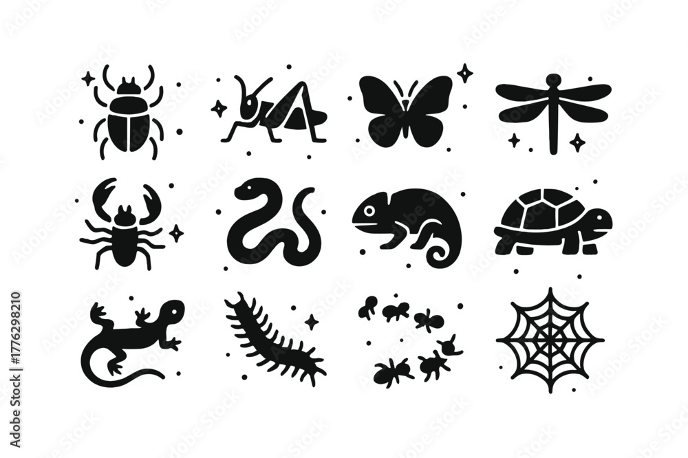 Fototapeta premium Savanna Creatures Icons. Savanna Insects and Reptiles. Solid icons set of Savanna Insects and Reptiles: beetle, grasshopper, butterfly, dragonfly, scorpion,