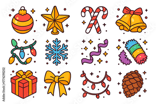 Yuletide Ornament Icons. Yuletide ornaments. Colorful isometric vector icons set of yuletide ornaments: baubles, star topper, candy canes, bells, garlands,