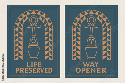 Ankh and Canopic Jar. Ankh & Jar. Two vertical A6 banners with safe margins, centered composition, no elements touching edges, geometric, slate blue and
