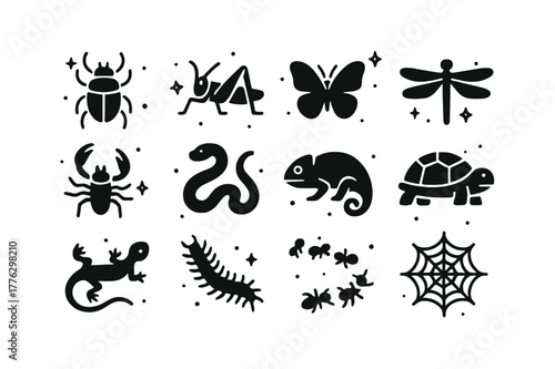 Savanna Creatures Icons. Savanna Insects and Reptiles. Solid icons set of Savanna Insects and Reptiles: beetle, grasshopper, butterfly, dragonfly, scorpion,