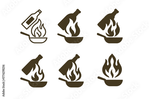 Chef's Flaming Creations. A chef flambeing a dish with a burst of flames in a pan. Set Logo of spirit pour: tilted bottle igniting flame arc over pan. Icon