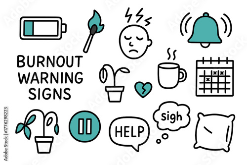 Burnout Warning Icons. // Burnout warning signs. Hand-drawn doodle illustration Burnout warning signs [battery empty (accented), flame-out match (accented),