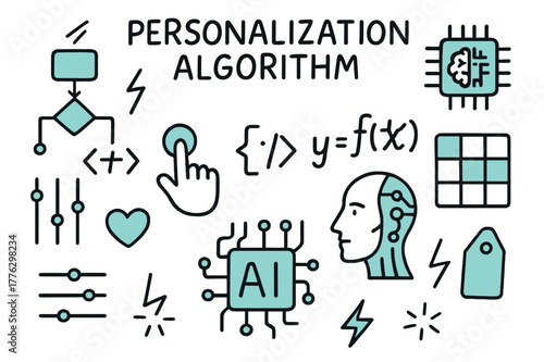 Algorithm Doodle Art. // Personalization algorithm. Hand-drawn doodle illustration Personalization algorithm [flowchart (accented), code brackets (accented),