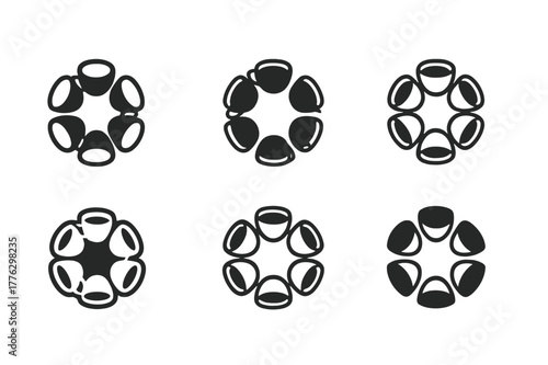 Coffee Mug Emblems. Friends gathering. Set Logo of friends gathering: coffee mugs arranged in a warm circle. Icon set. harmonious logo variations of the same