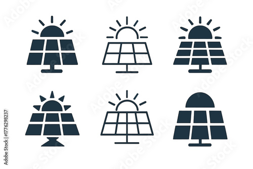 Solar Startup Logos. Social impact startups. Set Logo of Social impact startups: solar panel with sun rays. Icon set. harmonious logo variations of the same