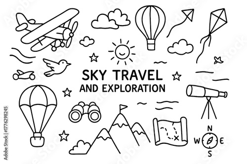 Skyward Adventures Icons. Sky travel and exploration. Hand-drawn doodle illustration Sky travel and exploration airplane, balloon, kite, clouds, sun, mountain,