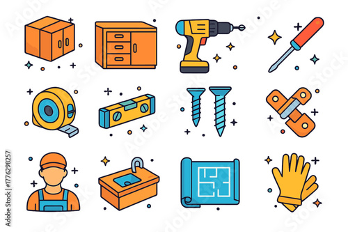 Cabinet Renovation Icons. Cabinet renovation. Colorful isometric vector icons set of cabinet renovation: upper cabinets, lower cabinets, drill, screwdriver,