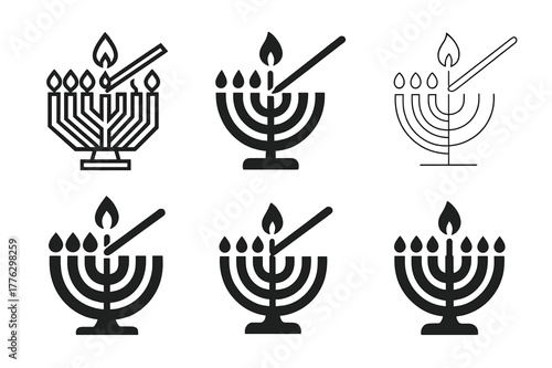 Hanukkah Candle Logos. Hanukkah celebrations with menorahs and candles. Set Logo of candle lighting: match igniting shamash candle. Icon set. harmonious logo
