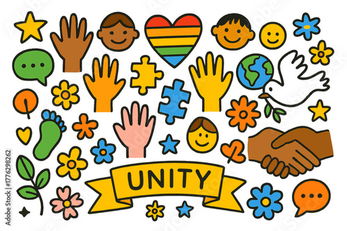 Unity and Diversity Icons. Diversity and inclusion. Colorful Hand-drawn doodle Children illustration Diversity and inclusion hands of all colors, rainbow