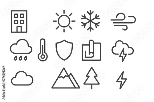 Climate Resilient Icons. Climate-adapted structures. Line outline icon set of climate-adapted structures: