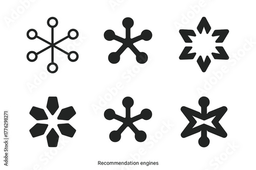 Recommendation Engine Logos. Recommendation engines. Set Logo of Recommendation engines: network nodes forming a star-like pattern. Icon set. harmonious logo
