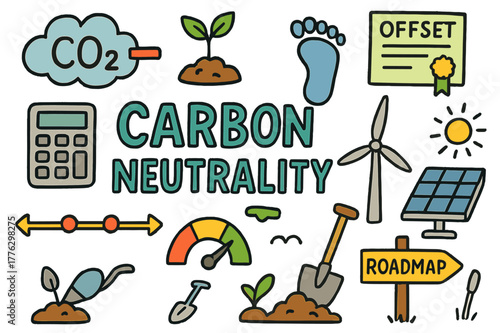 Carbon Neutrality Doodles. Carbon neutrality. Colorful Hand-drawn doodle Children illustration Carbon neutrality CO2 cloud, minus sign, tree sapling, offset