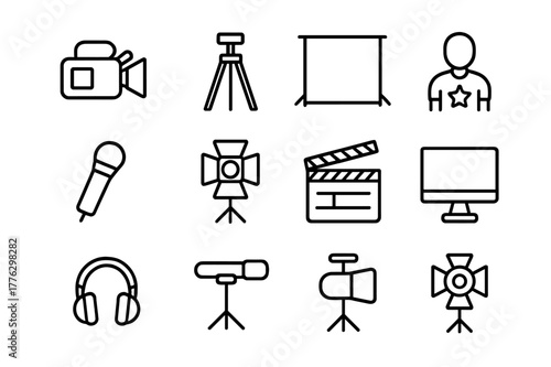 Video Production Icons. Video production. Line outline icon set of video production: camera, tripod, green