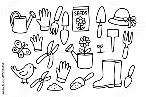 Garden Tool Doodles. Flower garden tools. Hand-drawn doodle illustration flower garden tools watering can, pruner, gloves, spade, trowel, flower pot, seed