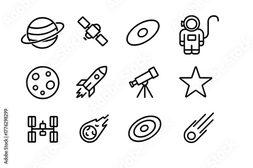 Orbit Icon Set. Orbit. Line icon set of orbit: planet, satellite, orbit path, astronaut, moon, rocket, telescope, star, space station, meteor, gravity field,