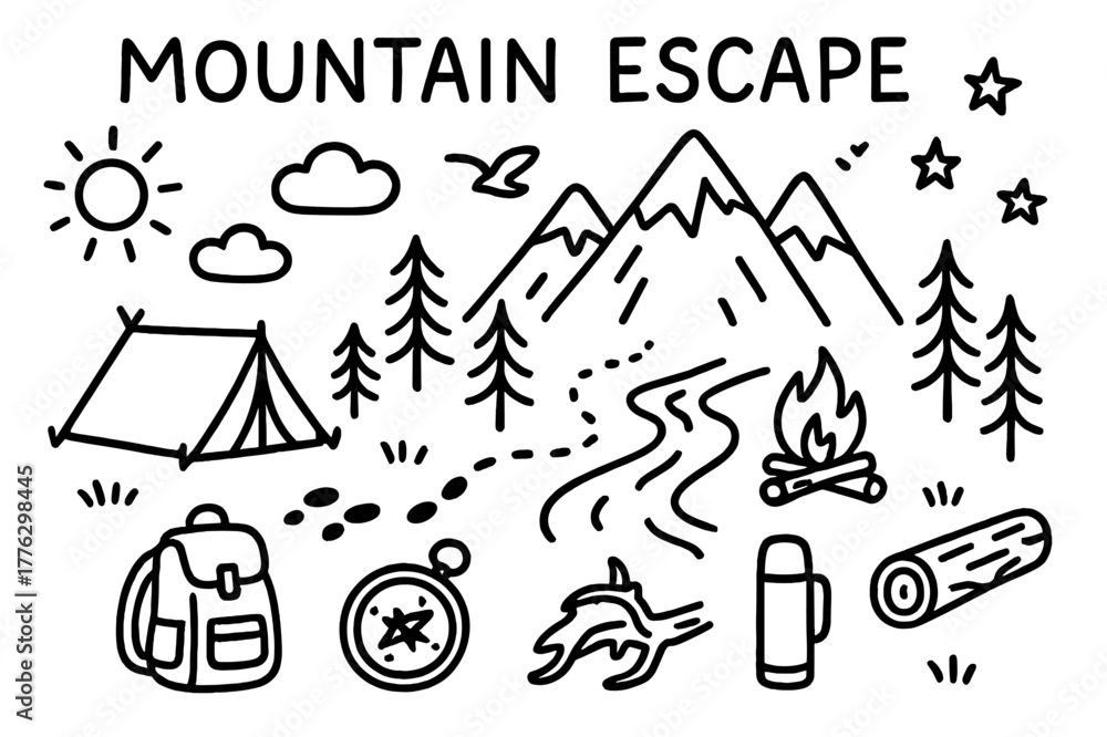 Fototapeta premium Mountain Adventure Icons. Mountain escape. Hand-drawn doodle illustration mountain escape peaks, tent, campfire, stream, pine trees, backpack, compass, sun,