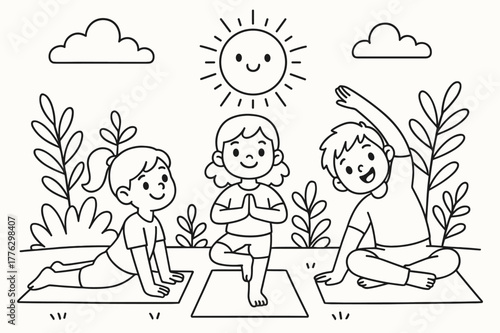 Kids Yoga Coloring. Yoga practice children?s coloring book illustration, outlined drawing, cheerful kids doing