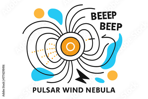 Pulsar Nebula Vibes. Pulsar Wind Nebula. A central pulse ring ripples outward; ?Beep ? Beep? ticks like a heartbeat beside magnetic field lines. Charged