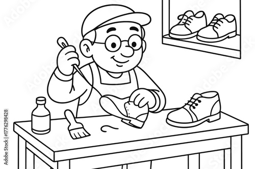 Friendly Cobbler Coloring Page. Shoe maker children?s coloring book illustration, outlined drawing, friendly