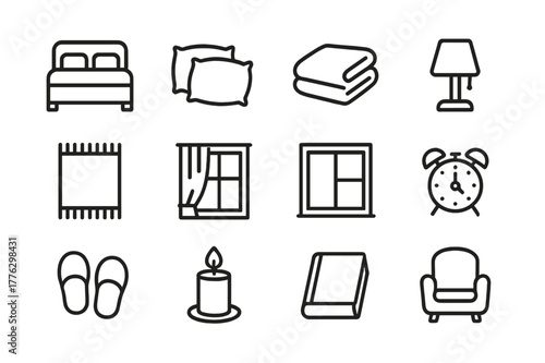 Bedroom Comfort Icons. Bedroom Comfort. Line icon set of Bedroom Comfort: bed, pillows, blanket, bedside lamp, rug, curtain, window, alarm clock, slippers,