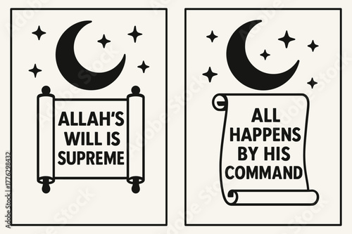 Divine Command Banners. Divine Decree. Two vertical A6 banners with safe margins, centered composition, no elements touching edges, flat vector design, black