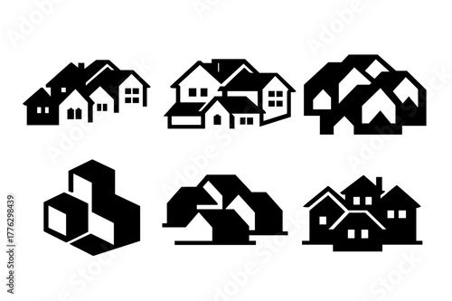 Urban Sprawl Logos. urban sprawl. Set Logo of urban sprawl: suburban tract housing rows. Icon set. harmonious logo variations of the same emblematic concept,