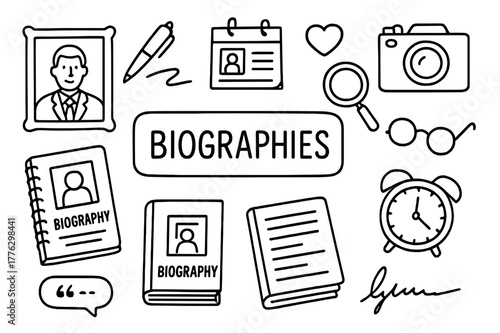 Biographies Doodle Icons. Biographies. Hand-drawn doodle illustration biographies portrait frame, pen, notebook, book cover, open page, calendar, camera,