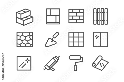 Exterior Material Icons. Exterior Materials. Line icon set of Exterior Materials: concrete block, metal panel, brick wall, wood slat, stone veneer, stucco