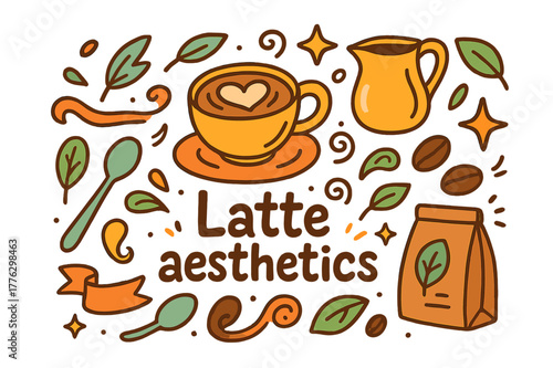 Latte Aesthetic Doodle. Latte aesthetics. Hand-drawn doodle illustration of latte aesthetics. Coffee cup,