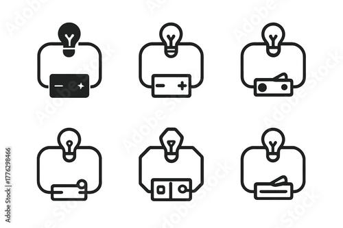 Science Experiment Icons. Teaching science experiments in schools. Icon set. Set Logo of teaching science experiments in schools: simple circuit with battery,