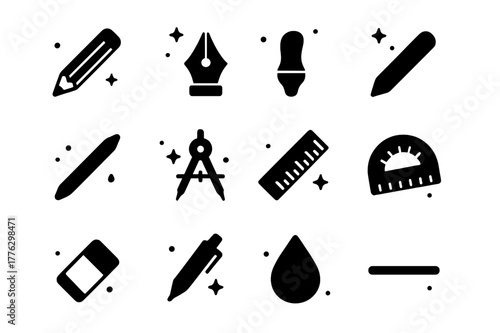 Drawing Tools Icons. Drawing Tools. Solid icons set of Drawing Tools: pencil, pen nib, brush tip, charcoal stick, blending stump, compass, ruler, protractor,