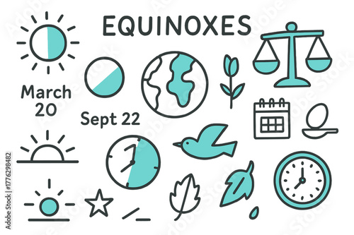 Equinox Symbols Doodle. // Equinoxes. Hand-drawn doodle illustration Equinoxes [Sun, equal day-night circle (accented), March label, Sept label (accented),