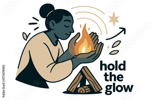 Firelight Vigil Scene. Keeper of the Hearth ? Firelight Vigil. Hands cup the flame as logs settle into a neat triangle; gentle halo lines echo outward. Caption