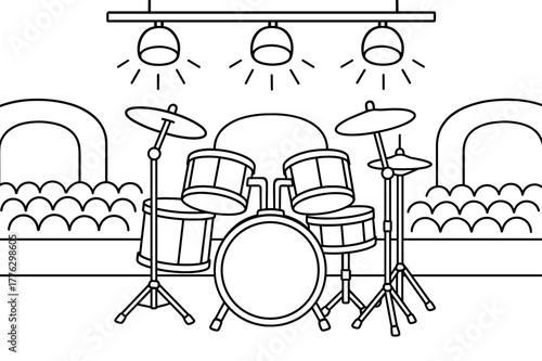Children's Drum Kit Illustration. Drum kit on stage children?s coloring book illustration, outlined drawing, a simple drum set centered under lights with an