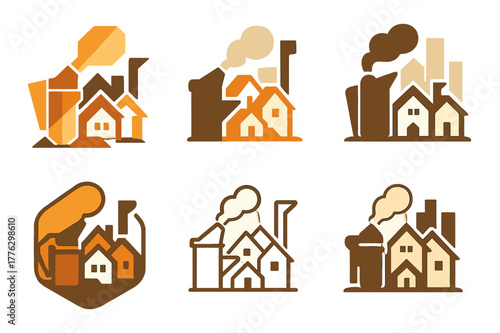 Urban Beekeeping Logos. Suburban beekeeping with urban landscapes. Set Logo of Suburban beekeeping with urban landscapes: beekeeper smoker and hive tool over