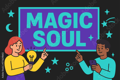 Magic Soul Banner. Magic soul banner, flat vector illustration, bold oversized text inside rectangular frame, cartoon characters standing and pointing toward