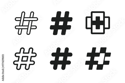 Typography Icon Set. Typography in social media. Set Logo of Typography in social media: hashtag built from letter strokes. Icon set. harmonious logo