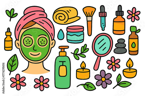 Colorful Spa Essentials. rejuvenating facial. Colorful Hand-drawn doodle Children illustration rejuvenating facial face mask, cucumber slices, headband, towel,