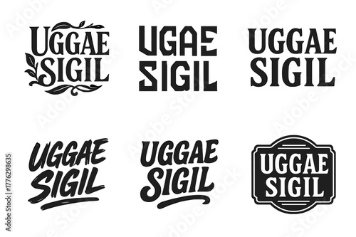 Uggae Sigil Artistry. Uggae Sigil. Set lettering. harmonious lettering variations of the same emblematic concept, each with different artistic interpretation