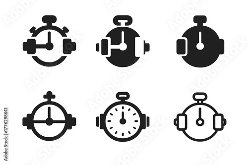 Victory Training Logos. Training for victory. Set Logo of Training for victory: dumbbell and stopwatch combo. Icon set. harmonious logo variations of the same