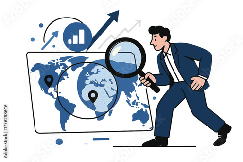Global Market Expansion. Market research insights. Consultant analyzing target markets; overlapping world maps