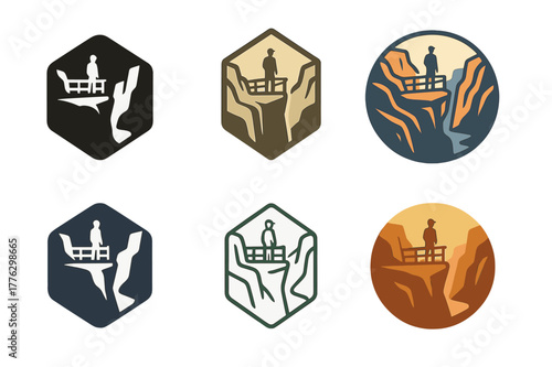 Canyon Overlook Logos. Canyon overlook. Set Logo of Canyon overlook: cliff-edge railing. harmonious logo variations of the same emblematic concept, each with