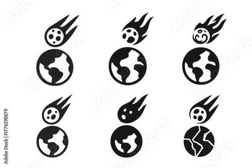 Asteroid Impact Logos. Asteroids and meteor impacts on Earth. Set Logo of asteroids and meteor impacts on Earth: meteor entering atmosphere. Icon