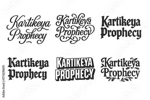 Kartikeya Lettering Variations. Karitkeya Prophecy. Set lettering. harmonious lettering variations of the same emblematic concept, each with different artistic