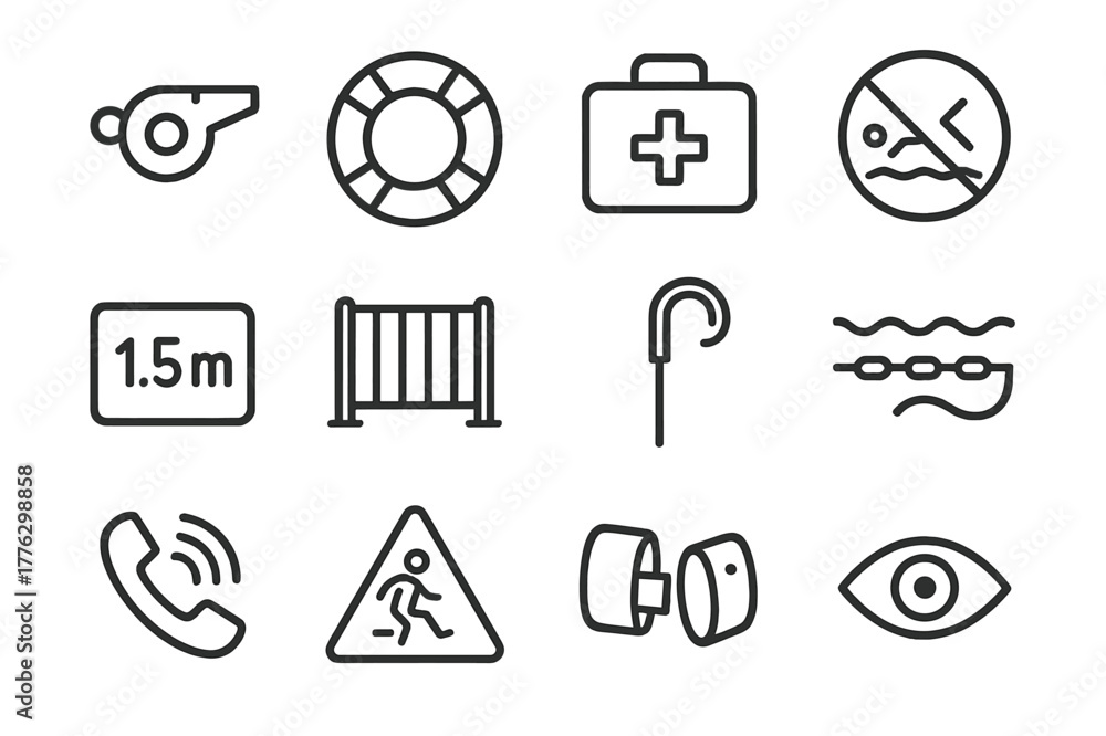 Obraz premium Pool Safety Icons. Pool Safety. Line icon set of Pool Safety: lifeguard whistle, life ring, first aid kit, no diving sign, depth marker, pool fence, rescue