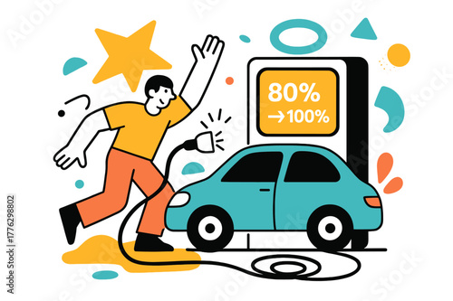 Modern EV Charging Station. EV Charging Hub. A car docks with a satisfying click; a haloed screen reads ?% > %.? Cable loops form friendly spirals on the