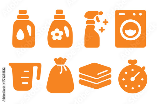 Laundry Icon Set. Washing preparation. Filled icon set of washing preparation: detergent bottle, fabric